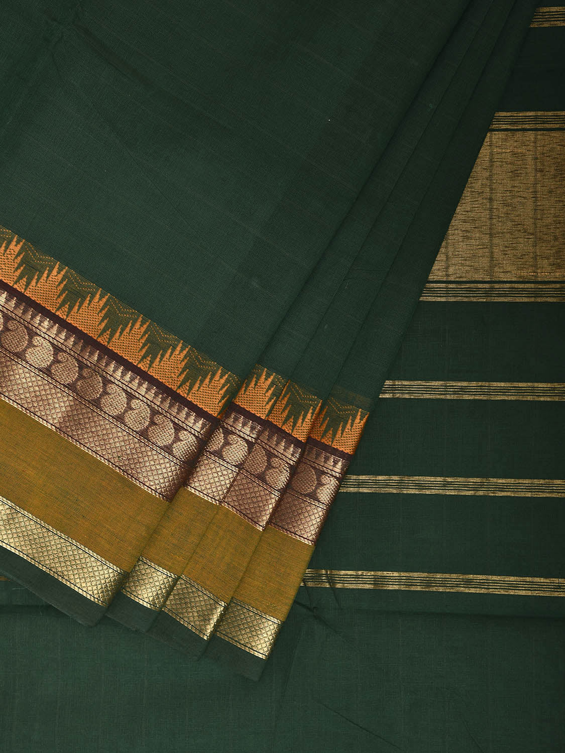Green Kanchipuram Cotton Plain Saree with Temple Border and Strips Pallu Design k0906