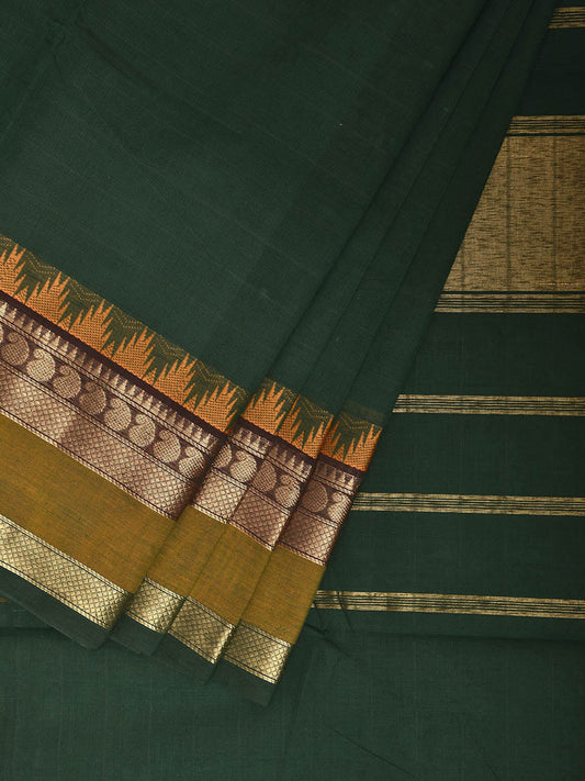 Green Kanchipuram Cotton Plain Saree with Temple Border and Strips Pallu Design k0906