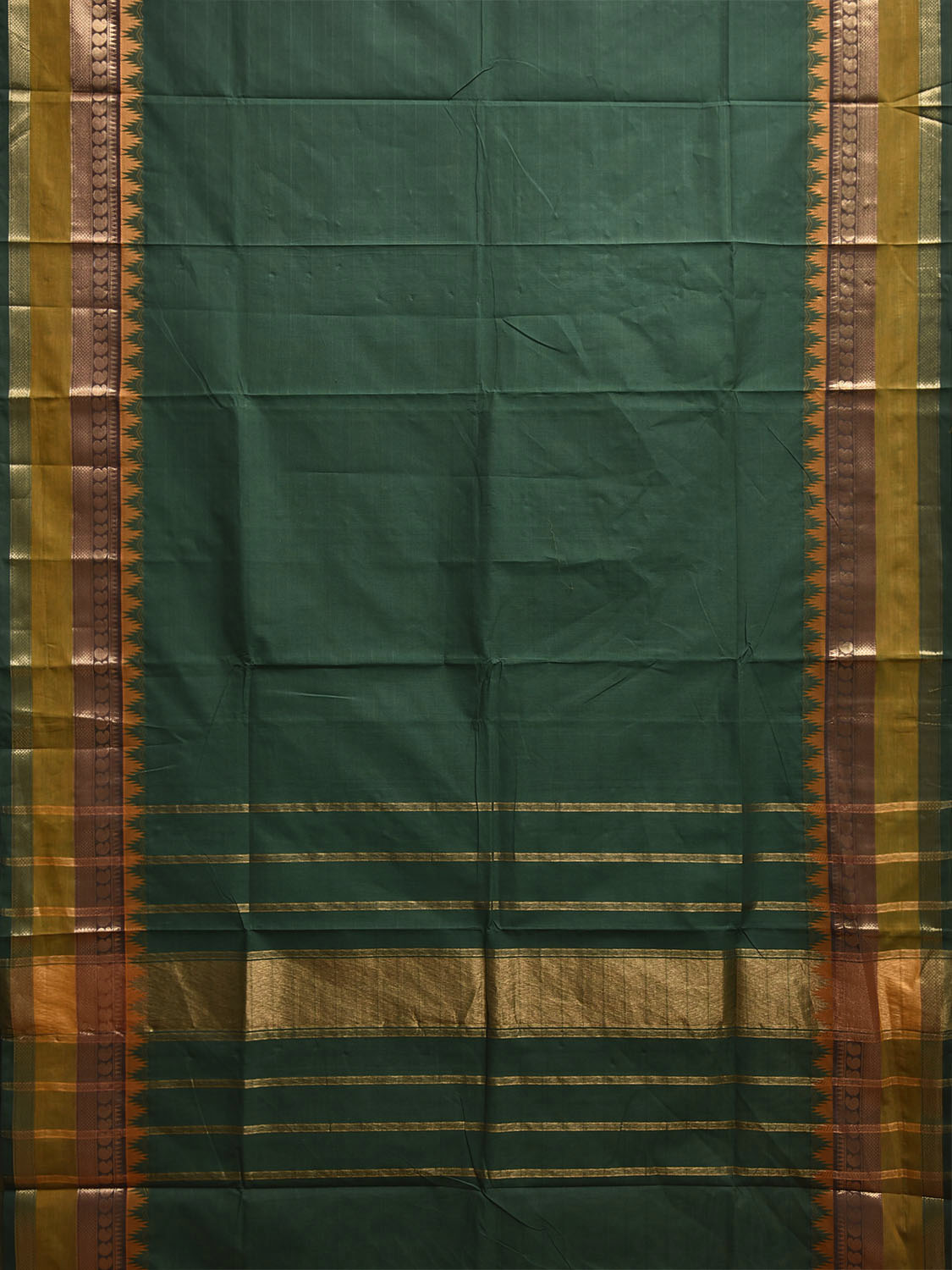 Green Kanchipuram Cotton Plain Saree with Temple Border and Strips Pallu Design k0906