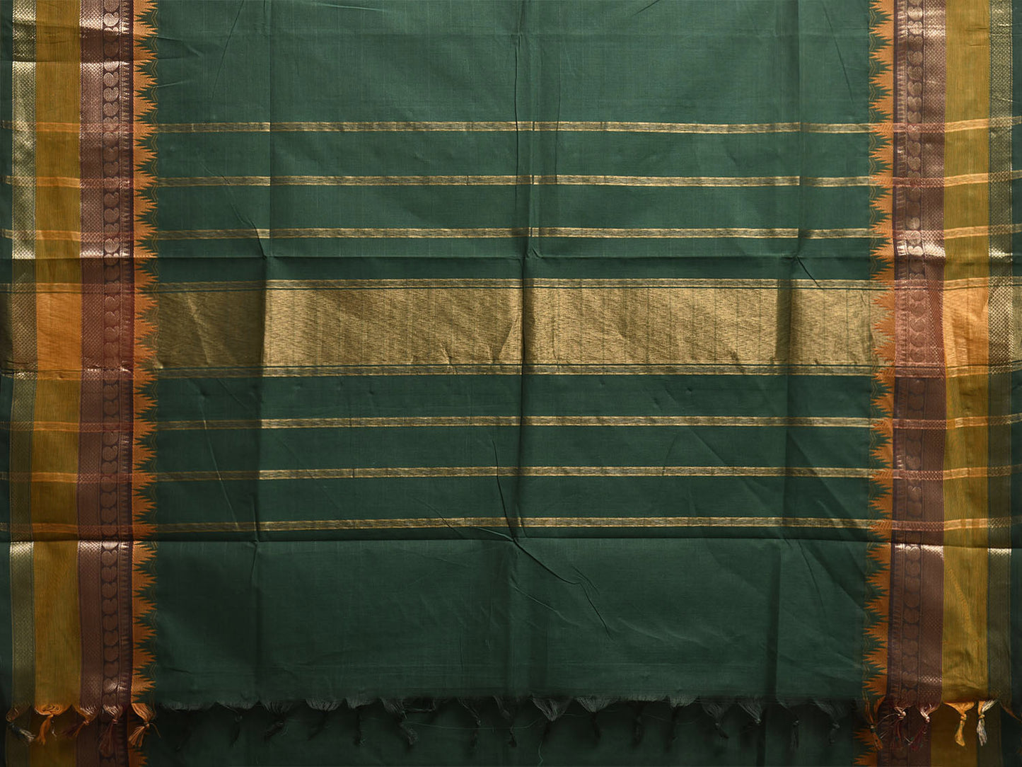 Green Kanchipuram Cotton Plain Saree with Temple Border and Strips Pallu Design k0906
