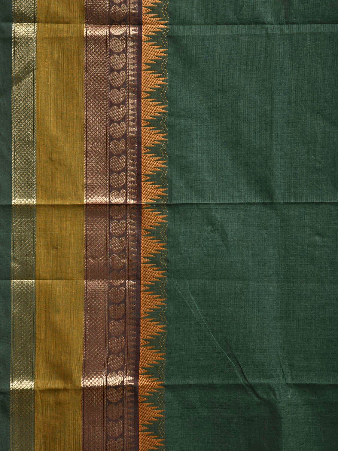 Green Kanchipuram Cotton Plain Saree with Temple Border and Strips Pallu Design k0906