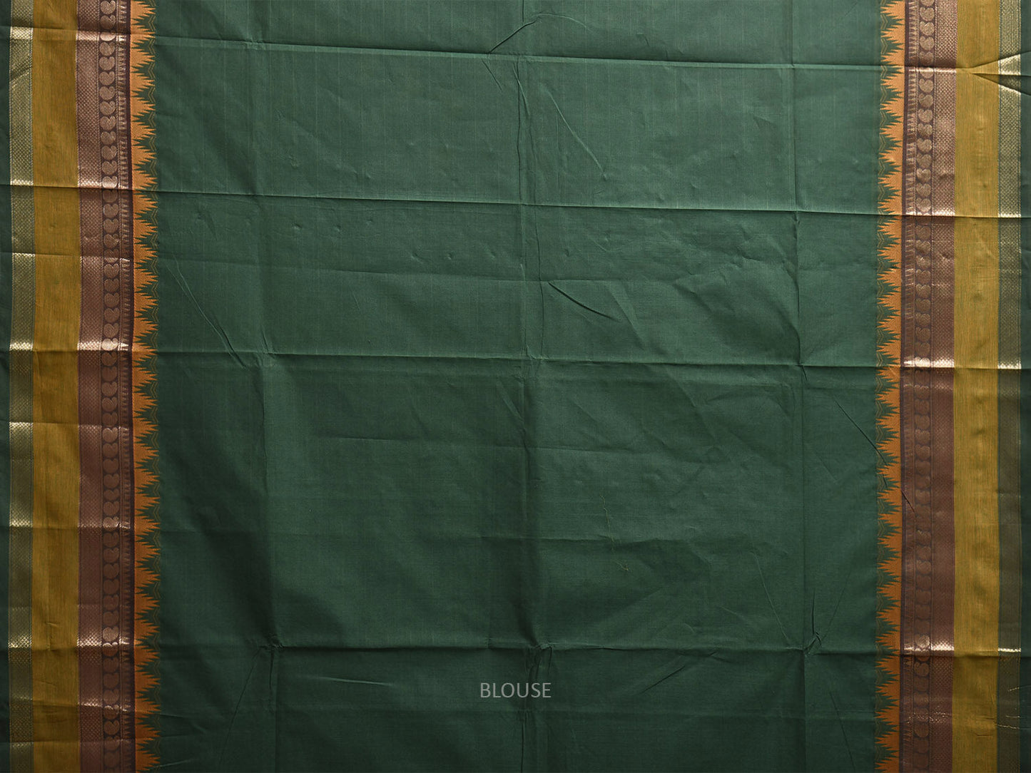 Green Kanchipuram Cotton Plain Saree with Temple Border and Strips Pallu Design k0906