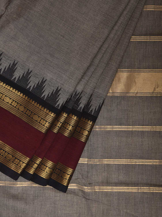 Light Grey and Maroon Kanchipuram Cotton Plain Saree with Big Temple Border Design k0908