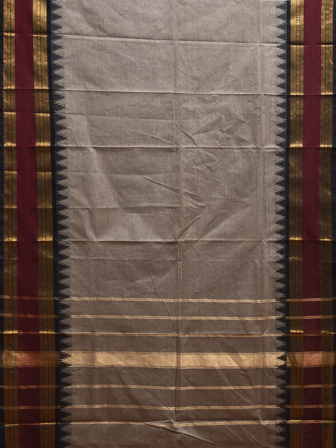 Light Grey and Maroon Kanchipuram Cotton Plain Saree with Big Temple Border Design k0908