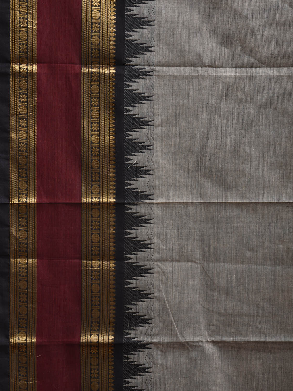 Light Grey and Maroon Kanchipuram Cotton Plain Saree with Big Temple Border Design k0908