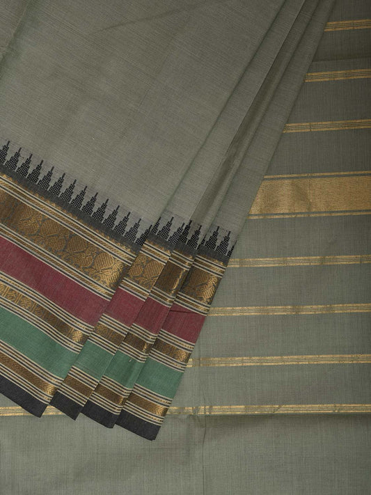 Sea Green Kanchipuram Cotton Plain Saree with Temple Border and Strips Pallu Design k0909