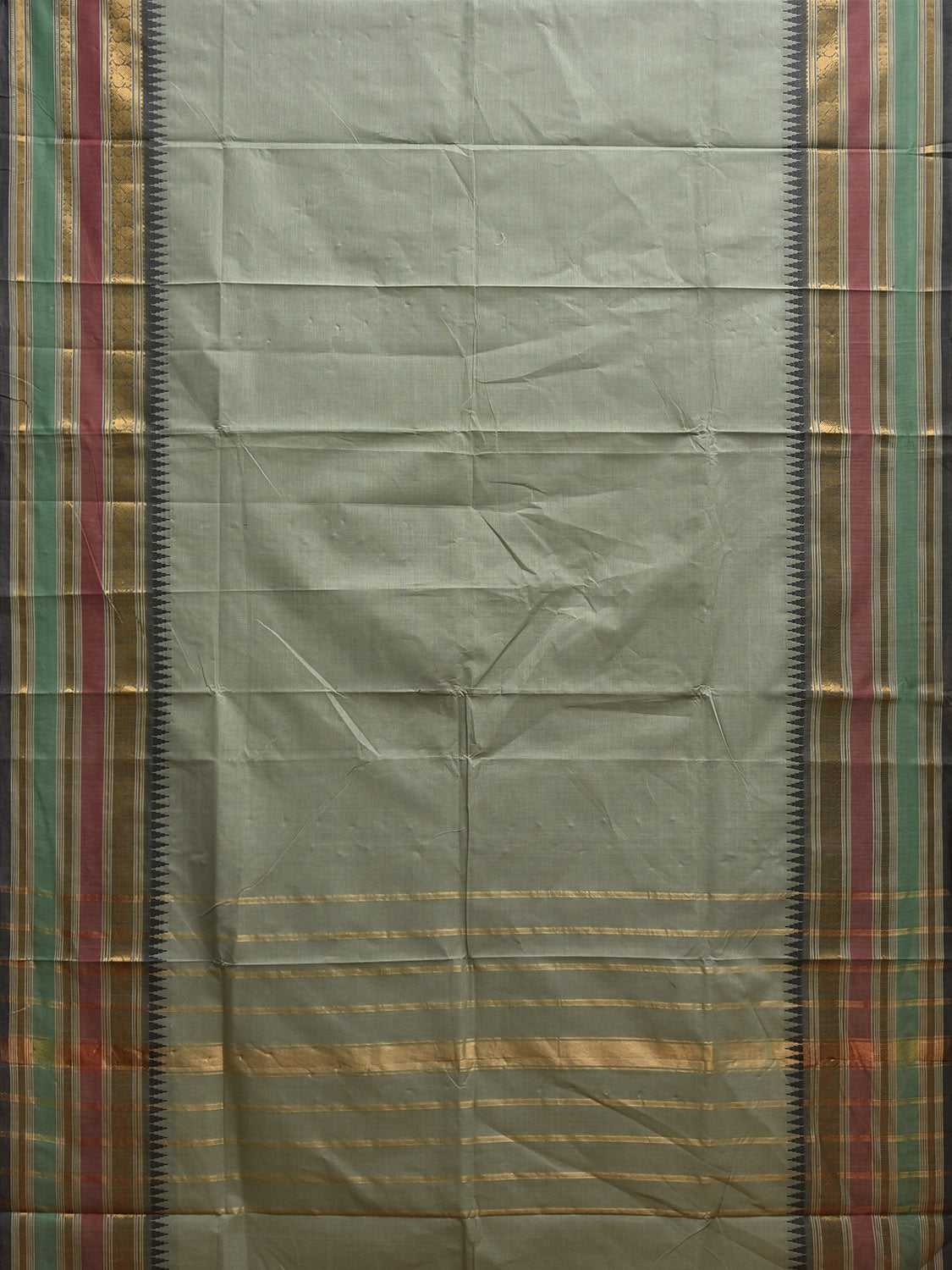 Sea Green Kanchipuram Cotton Plain Saree with Temple Border and Strips Pallu Design k0909
