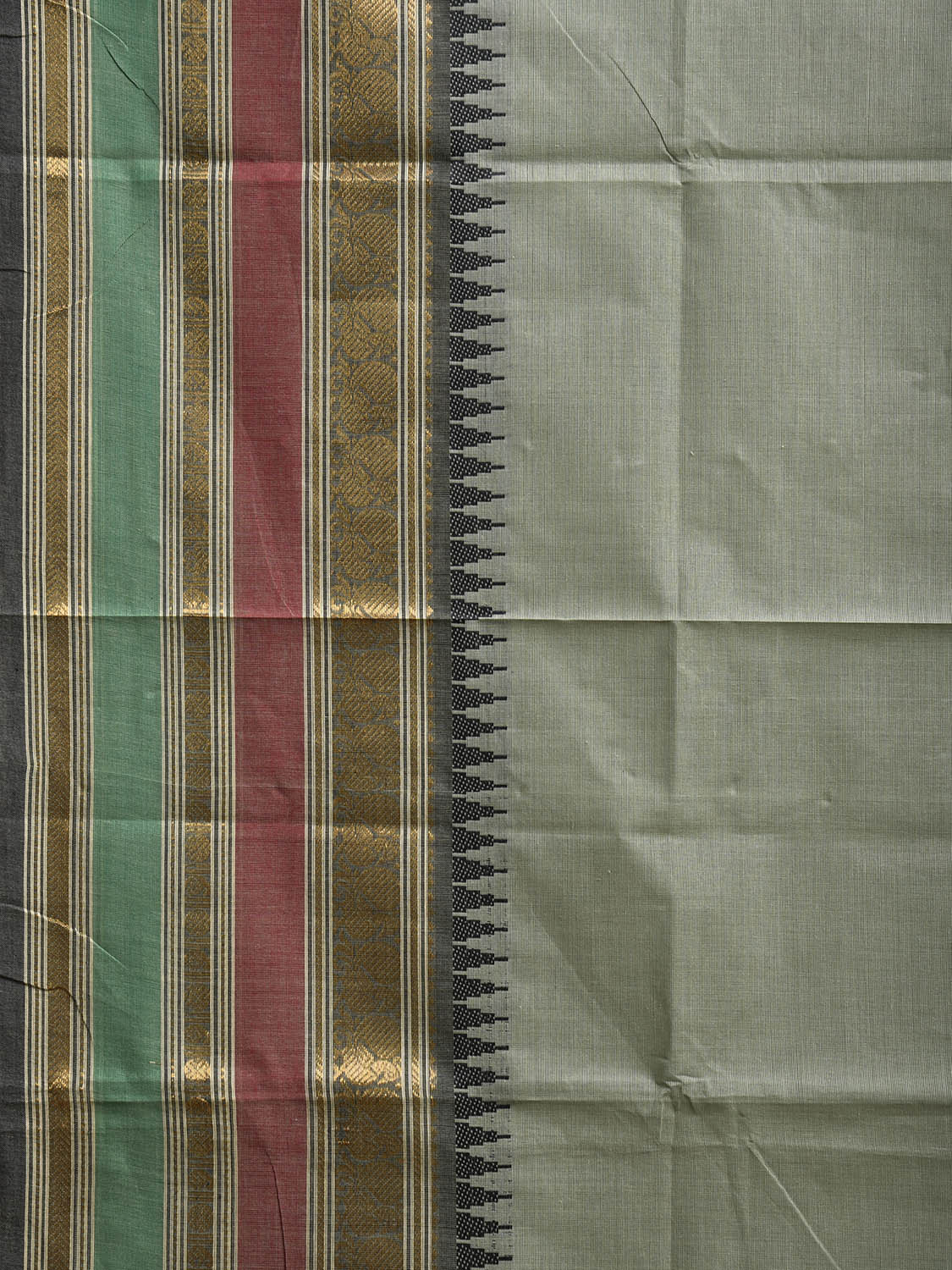 Sea Green Kanchipuram Cotton Plain Saree with Temple Border and Strips Pallu Design k0909
