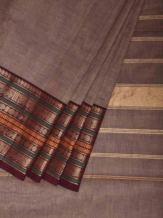 Light Fawn Kanchipuram Cotton Plain Saree with One Side Big Border Design k0910