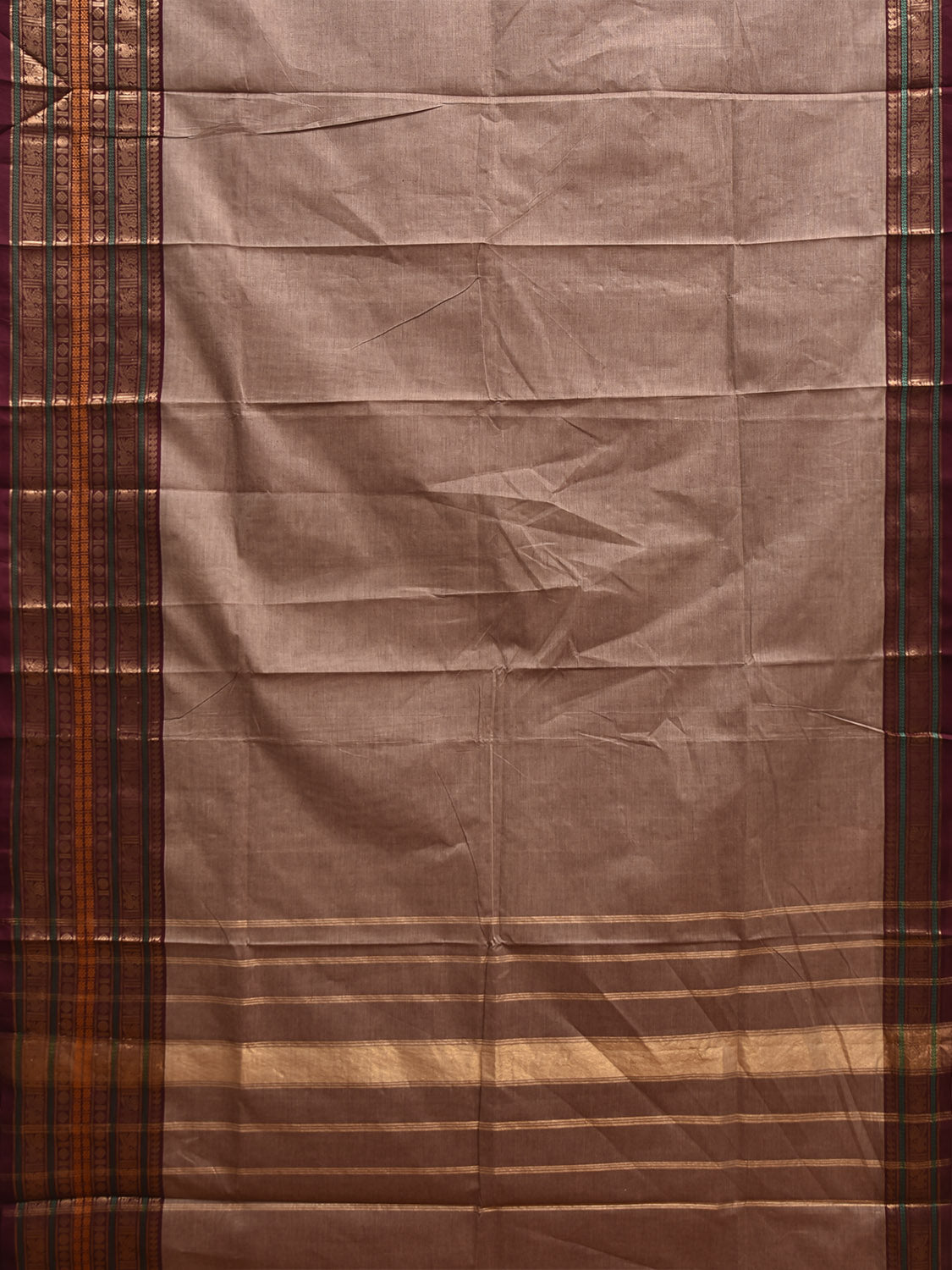 Light Fawn Kanchipuram Cotton Plain Saree with One Side Big Border Design k0910