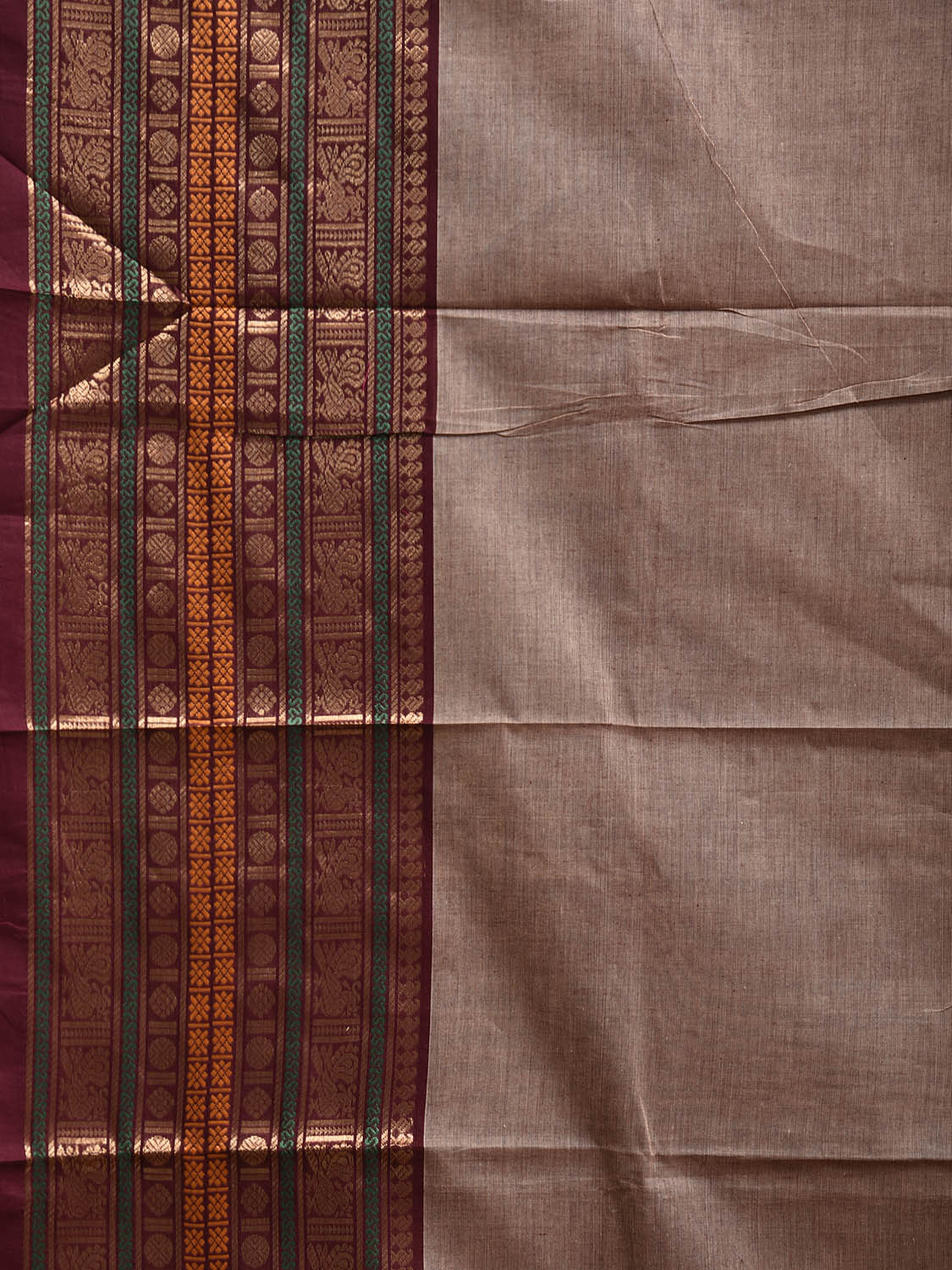 Light Fawn Kanchipuram Cotton Plain Saree with One Side Big Border Design k0910