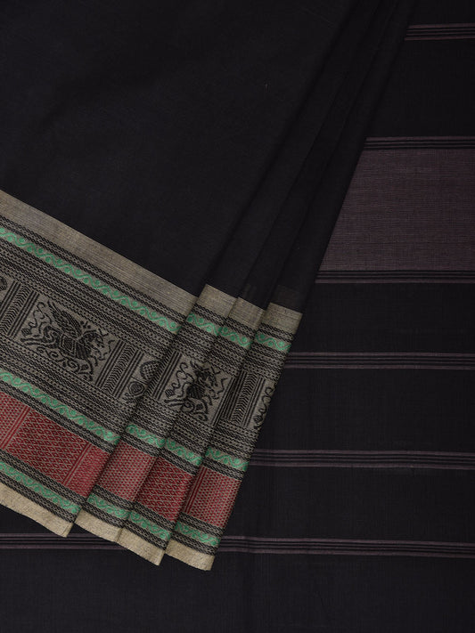 Black Kanchipuram Cotton Plain Saree with Border and Strips Pallu Design k0911