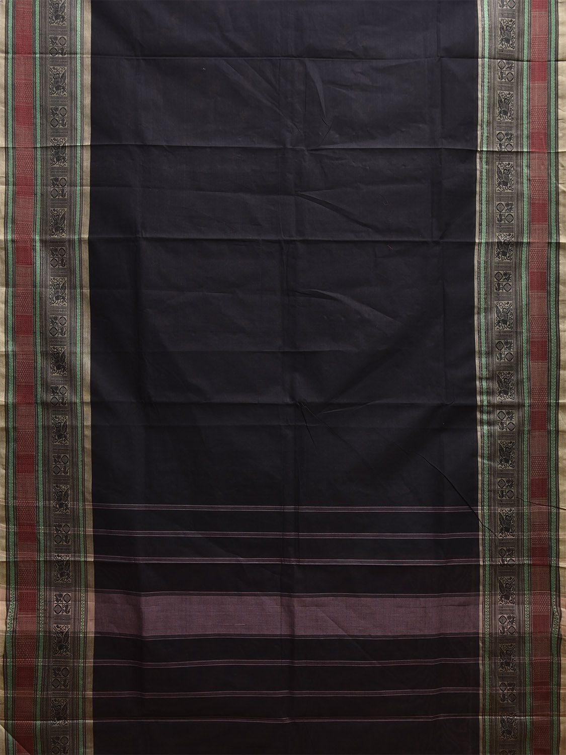Black Kanchipuram Cotton Plain Saree with Border and Strips Pallu Design k0911