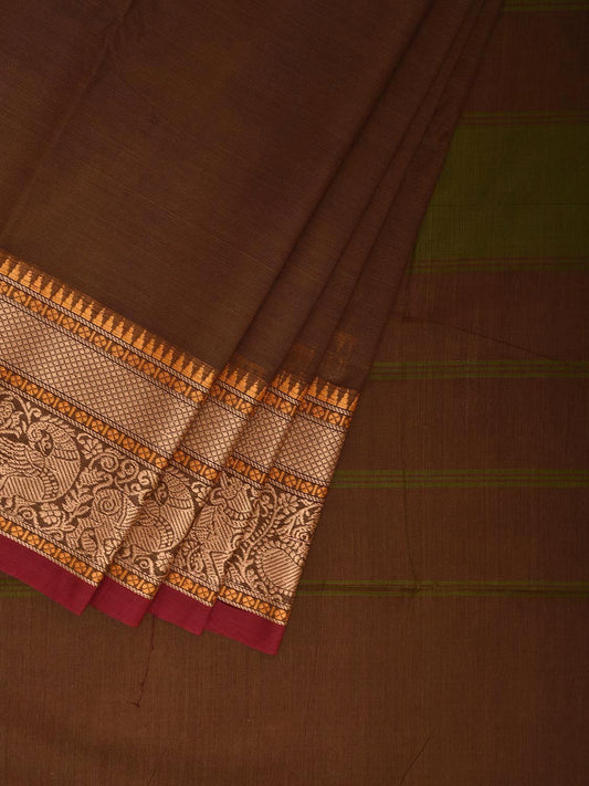 Rust Kanchipuram Cotton Plain Saree with Temple Border and Strips Pallu Design k0912