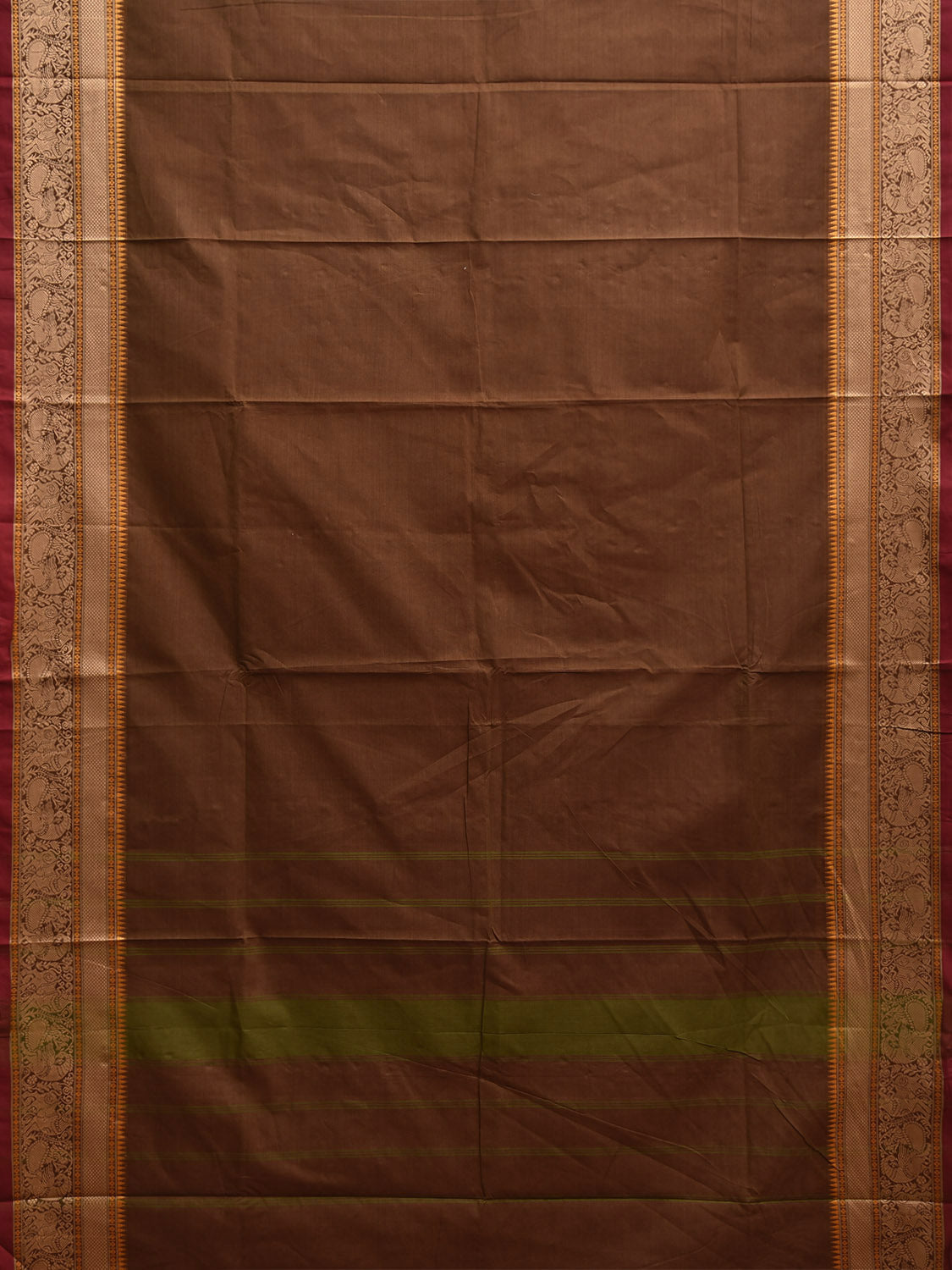 Rust Kanchipuram Cotton Plain Saree with Temple Border and Strips Pallu Design k0912