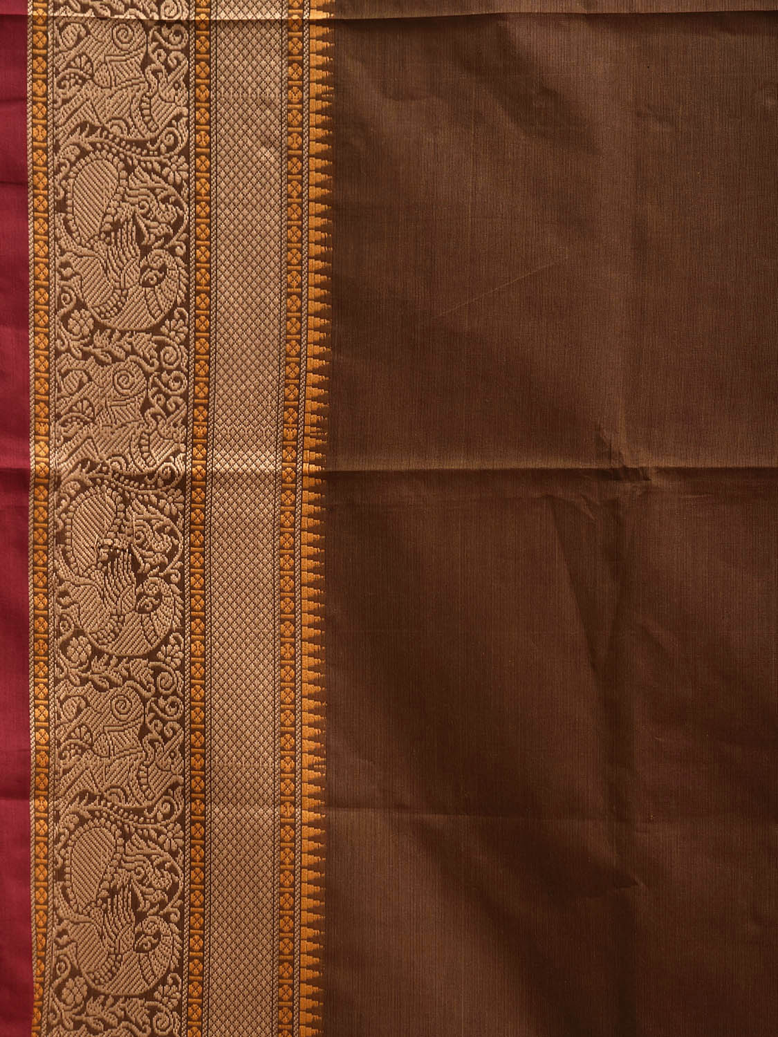 Rust Kanchipuram Cotton Plain Saree with Temple Border and Strips Pallu Design k0912