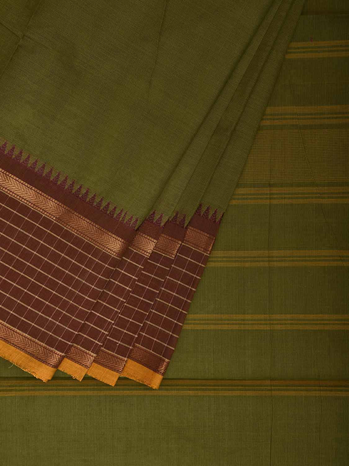 Green and Brown Kanchipuram Cotton Plain Saree with Checks Border Design k0913