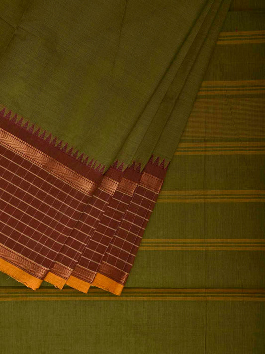 Green and Brown Kanchipuram Cotton Plain Saree with Checks Border Design k0913