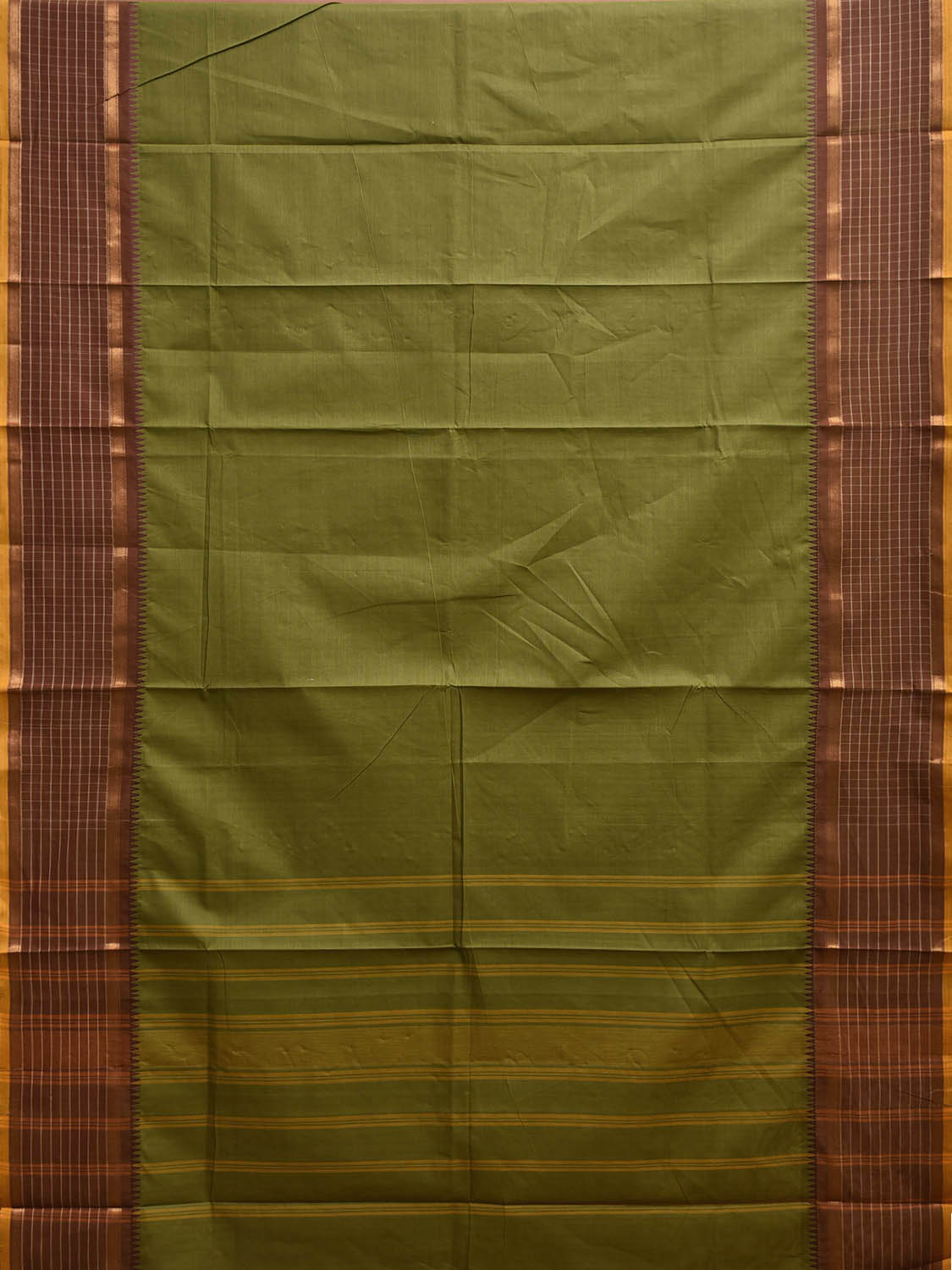 Green and Brown Kanchipuram Cotton Plain Saree with Checks Border Design k0913