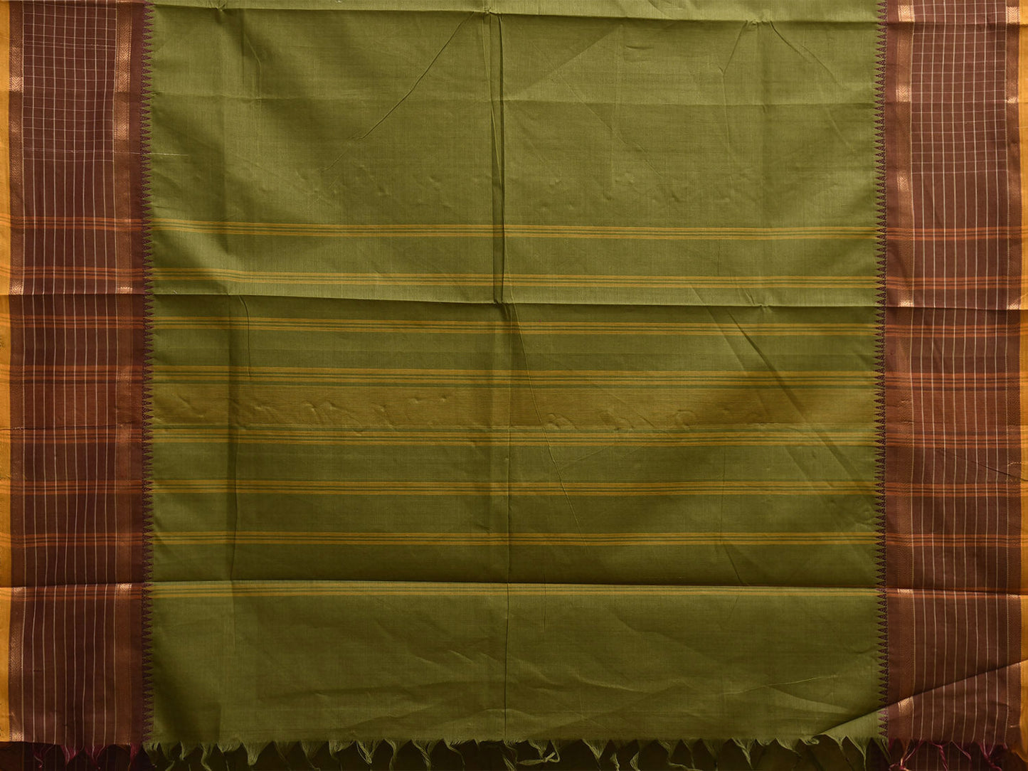 Green and Brown Kanchipuram Cotton Plain Saree with Checks Border Design k0913