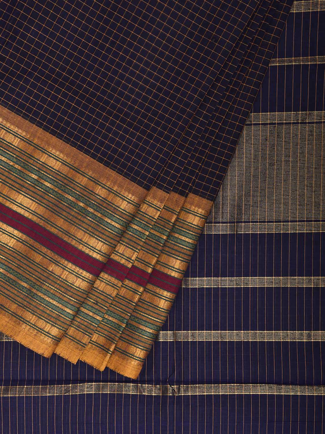 Navy and Blue Kanchipuram Cotton Saree with Checks and Big Border Design k0915