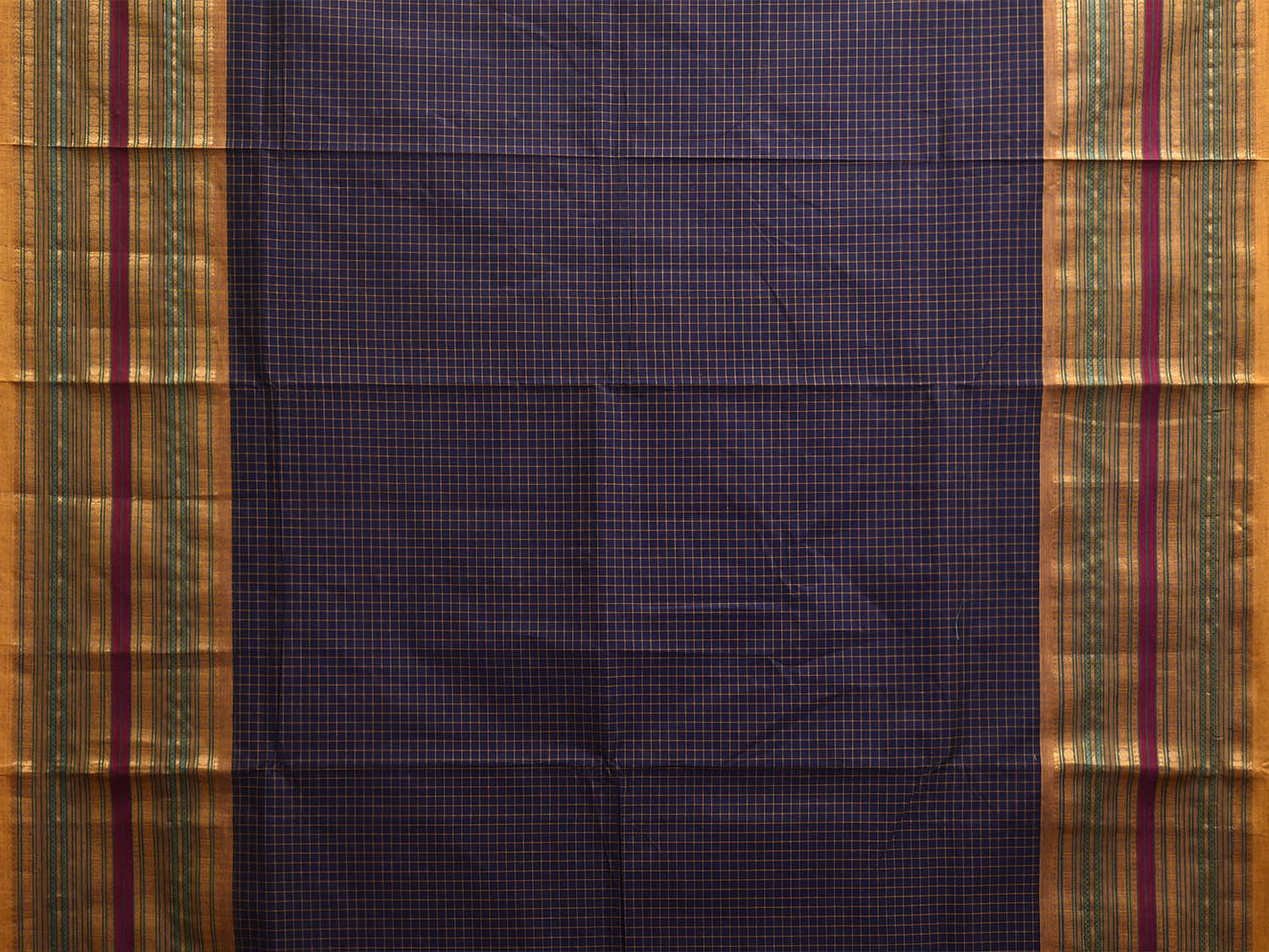 Navy and Blue Kanchipuram Cotton Saree with Checks and Big Border Design k0915