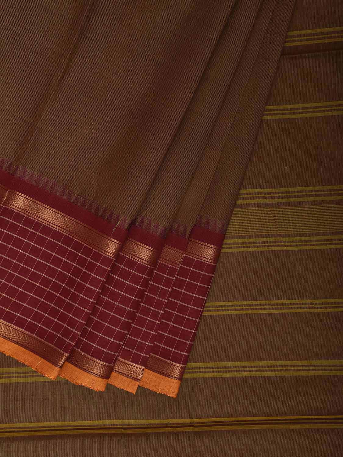 Olive and Maroon Kanchipuram Cotton Plain Saree with Checks Border Design k0917