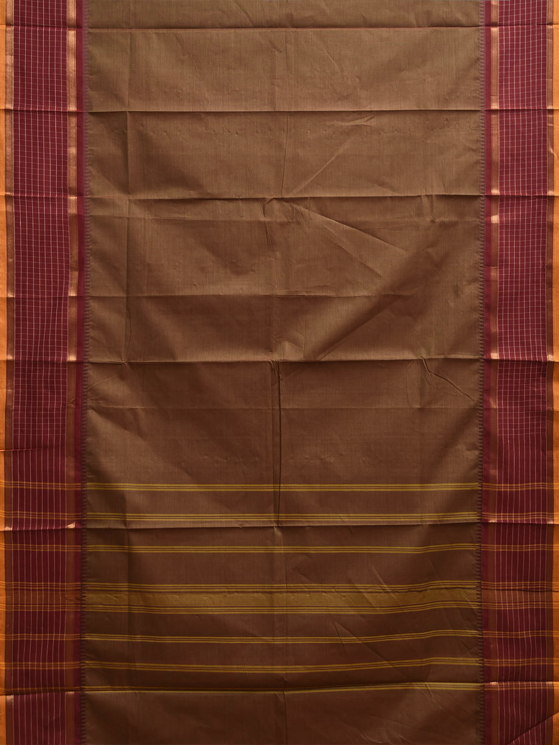 Olive and Maroon Kanchipuram Cotton Plain Saree with Checks Border Design k0917