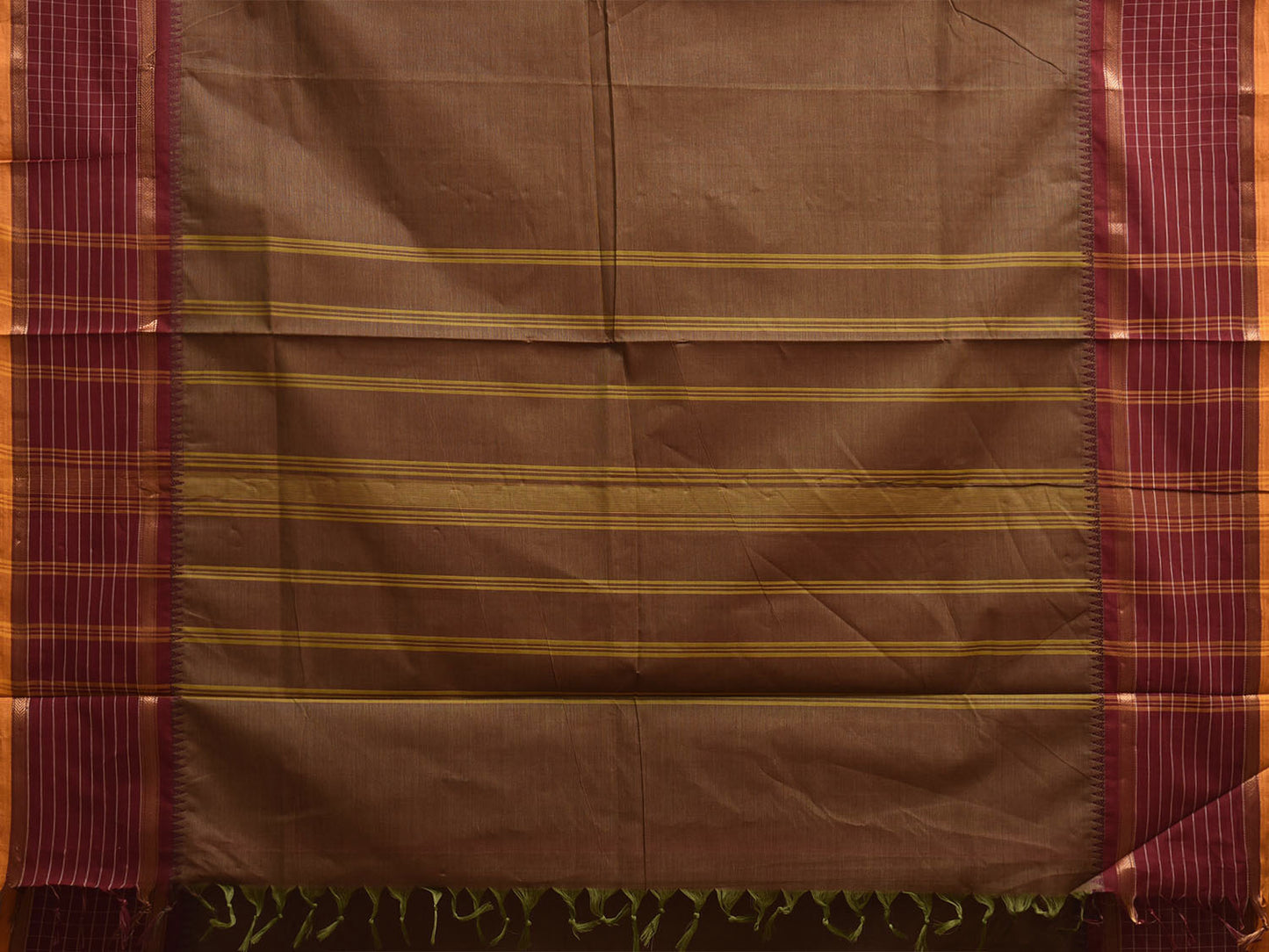Olive and Maroon Kanchipuram Cotton Plain Saree with Checks Border Design k0917