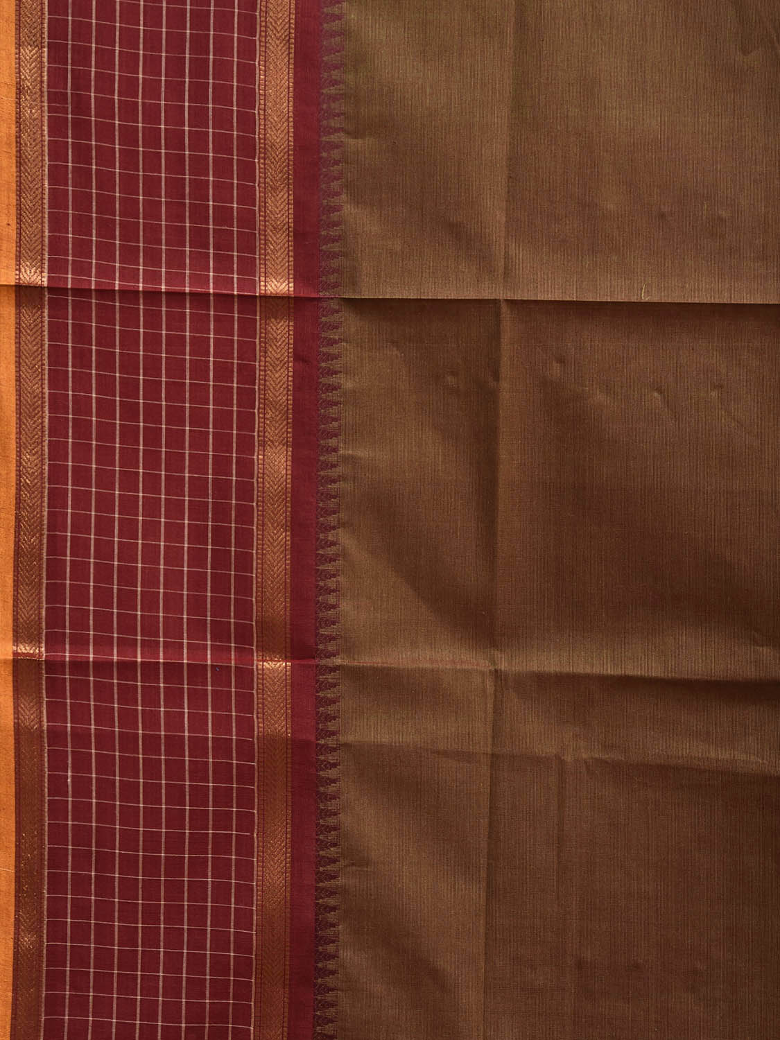 Olive and Maroon Kanchipuram Cotton Plain Saree with Checks Border Design k0917