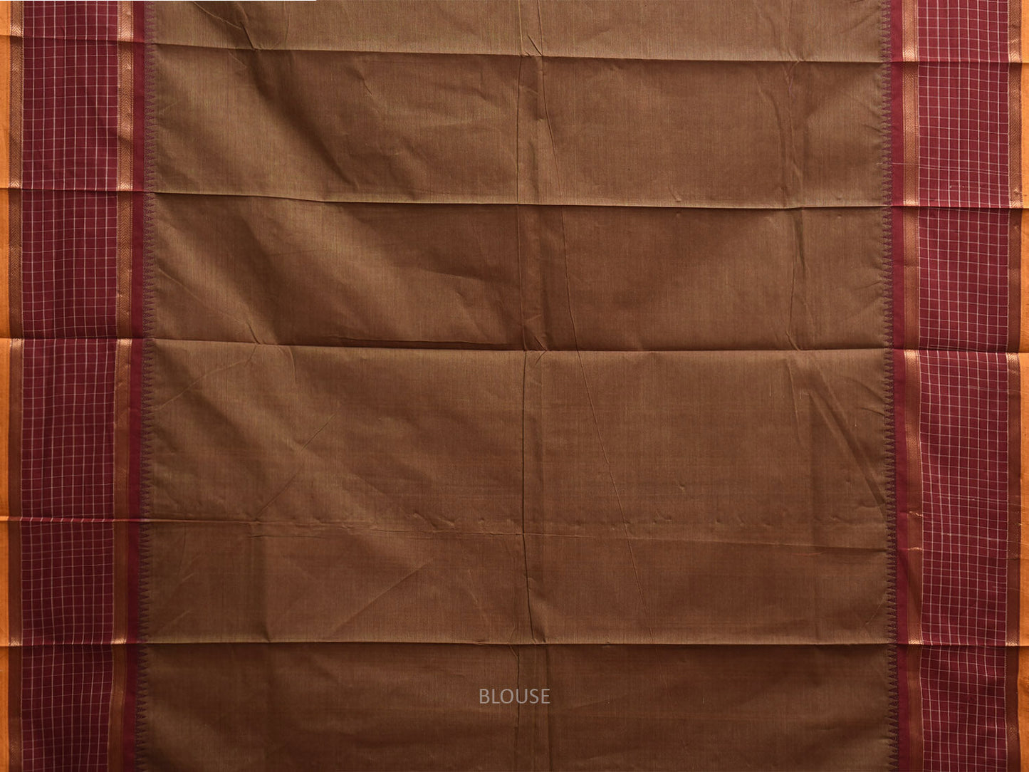 Olive and Maroon Kanchipuram Cotton Plain Saree with Checks Border Design k0917