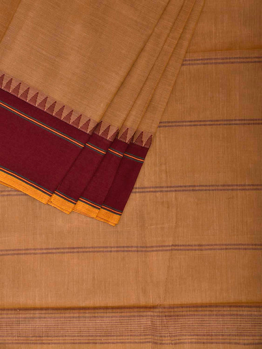 Cream and Maroon Kanchipuram Cotton Plain Saree with Strips Pallu Design k0918