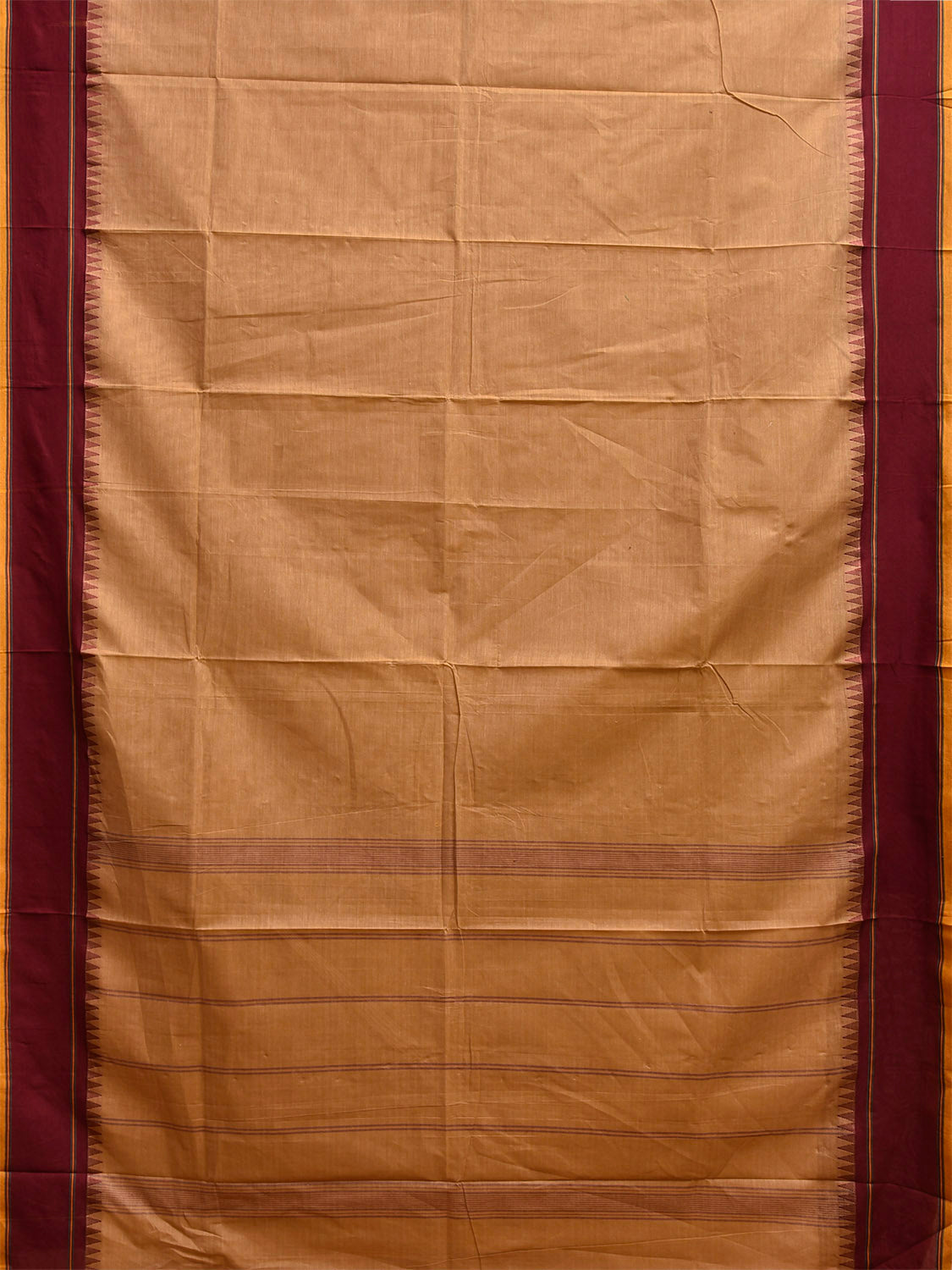 Cream and Maroon Kanchipuram Cotton Plain Saree with Strips Pallu Design k0918