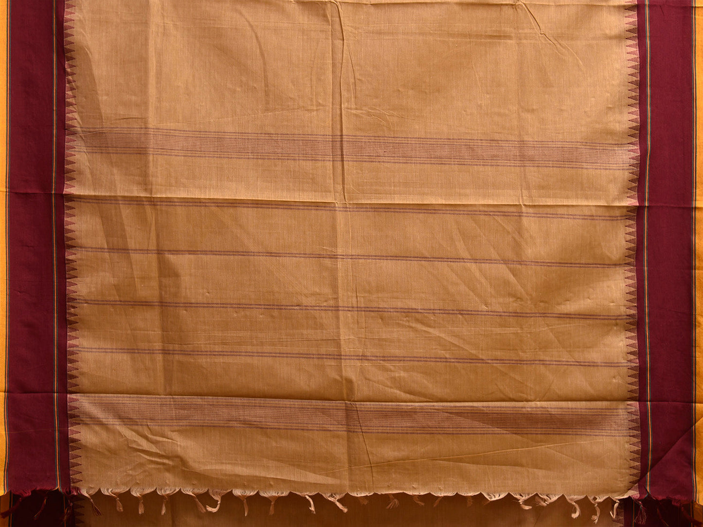 Cream and Maroon Kanchipuram Cotton Plain Saree with Strips Pallu Design k0918