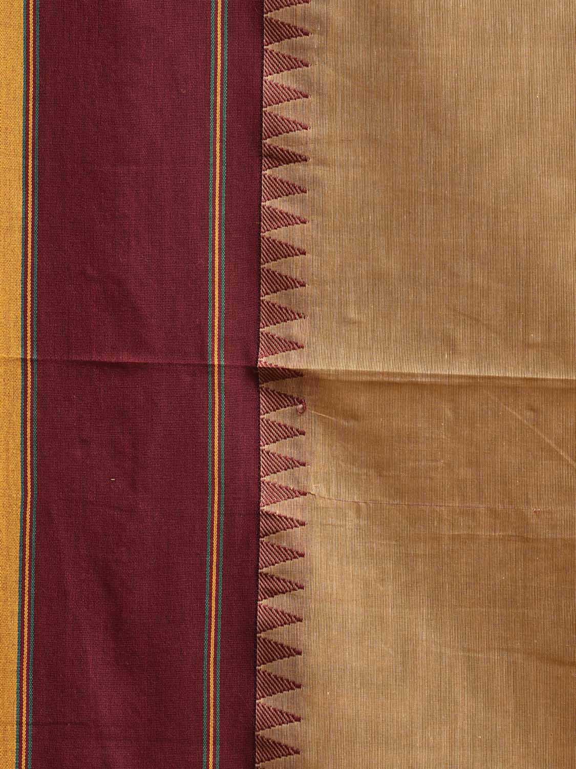 Cream and Maroon Kanchipuram Cotton Plain Saree with Strips Pallu Design k0918