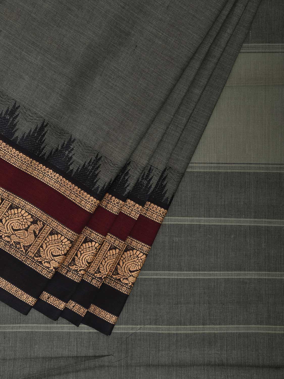 Grey and Black Kanchipuram Cotton Plain Saree with Temple Border Design k0919