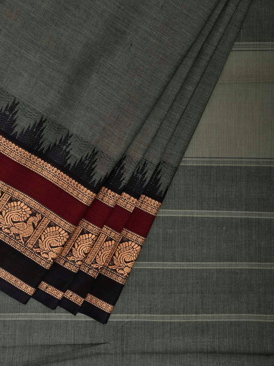 Grey and Black Kanchipuram Cotton Plain Saree with Temple Border Design k0919