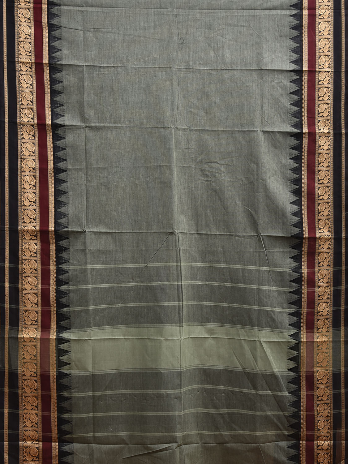 Grey and Black Kanchipuram Cotton Plain Saree with Temple Border Design k0919