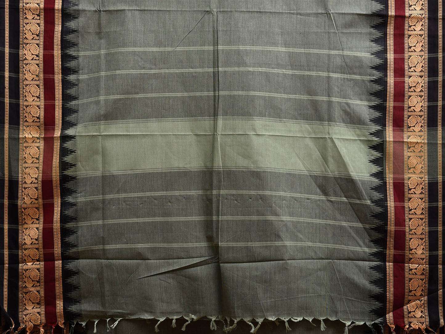 Grey and Black Kanchipuram Cotton Plain Saree with Temple Border Design k0919