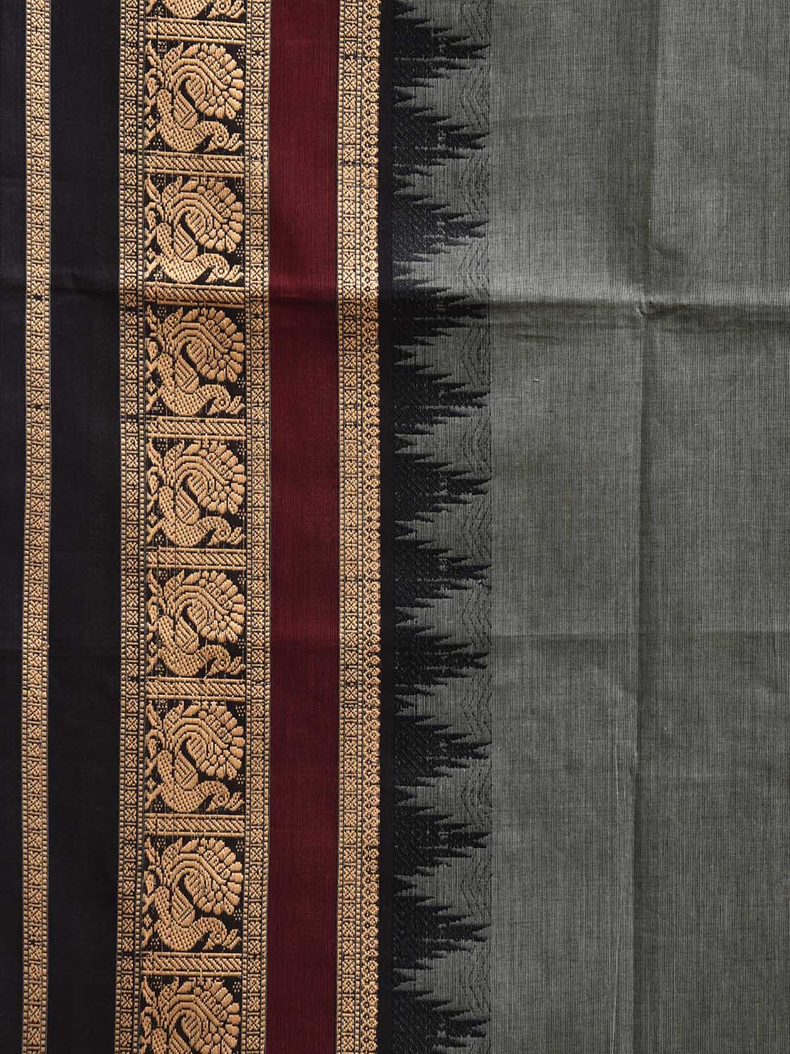 Grey and Black Kanchipuram Cotton Plain Saree with Temple Border Design k0919