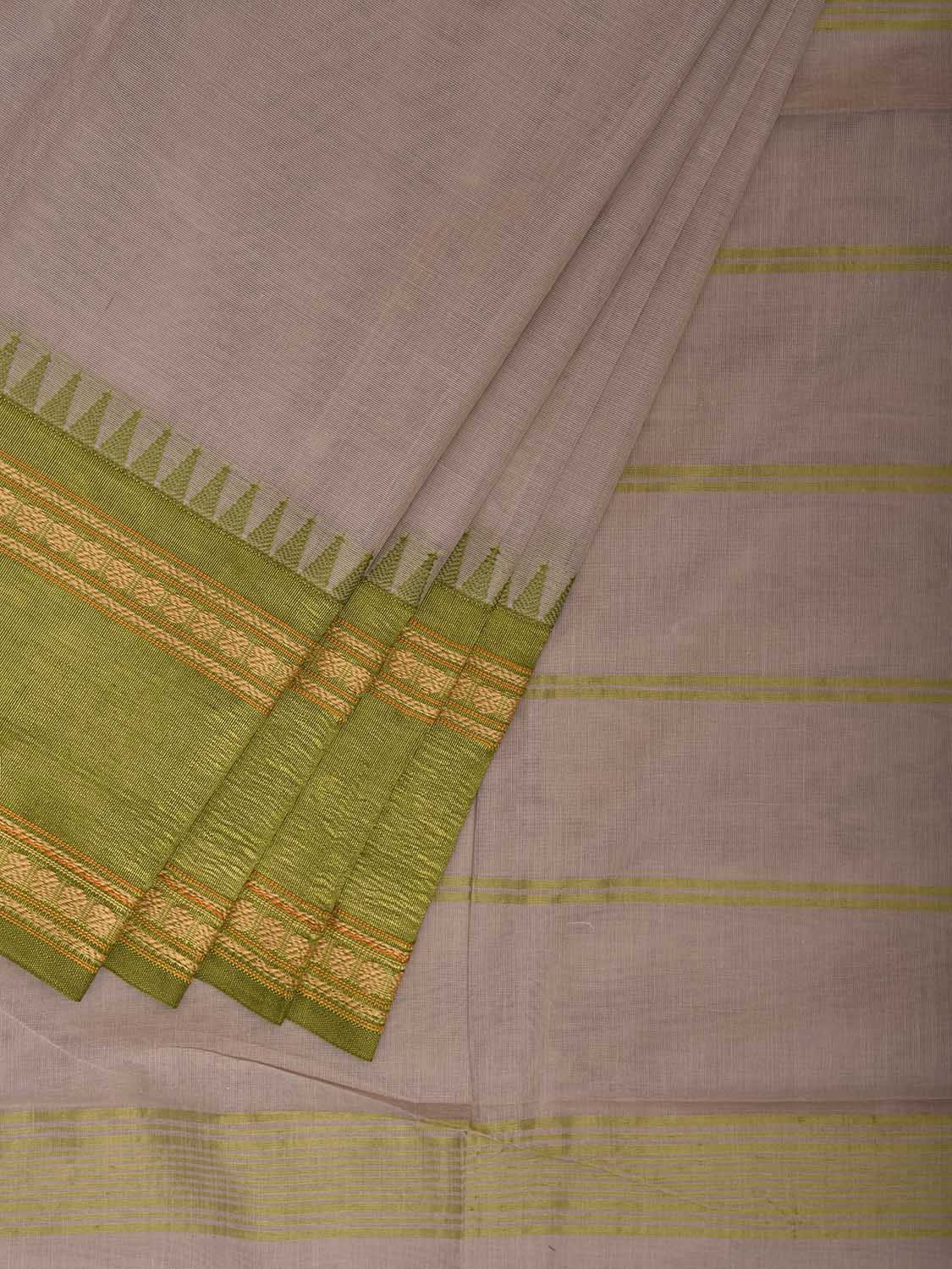 Beige and Green Kanchipuram Cotton Plain Saree with Strips Pallu Design k0920