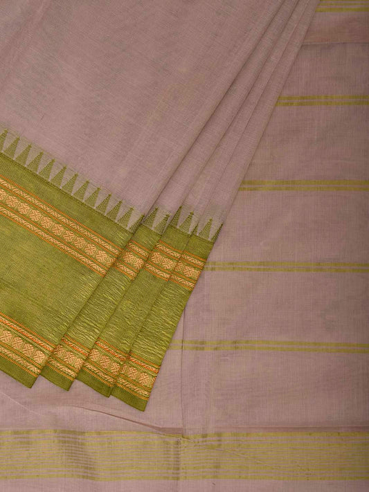 Beige and Green Kanchipuram Cotton Plain Saree with Strips Pallu Design k0920