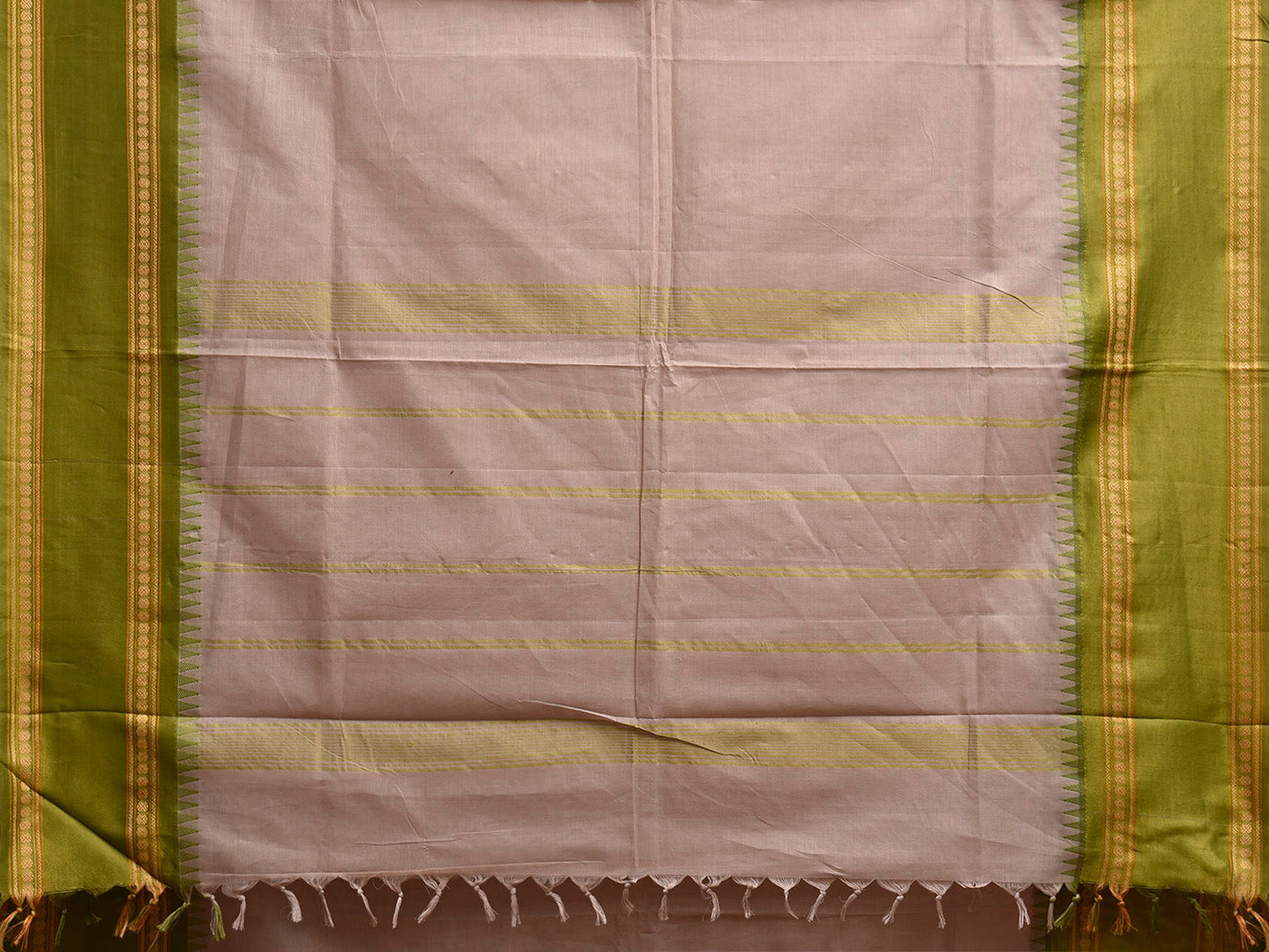 Beige and Green Kanchipuram Cotton Plain Saree with Strips Pallu Design k0920