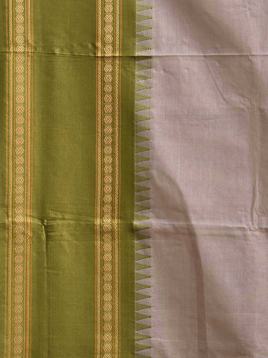 Beige and Green Kanchipuram Cotton Plain Saree with Strips Pallu Design k0920