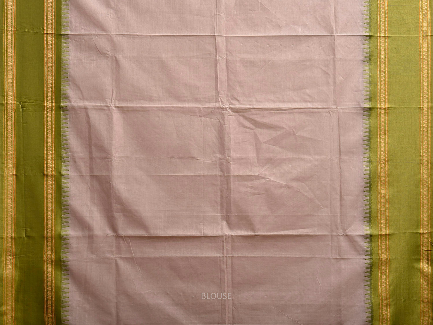 Beige and Green Kanchipuram Cotton Plain Saree with Strips Pallu Design k0920
