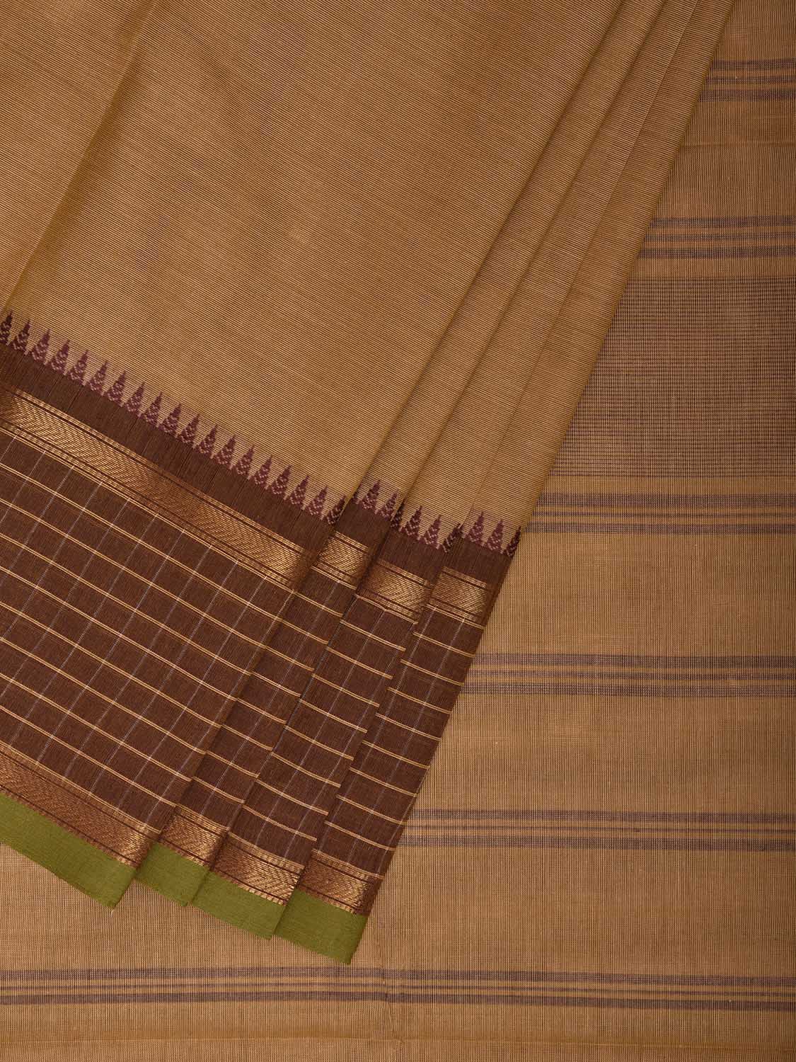 Cream and Fawn Kanchipuram Cotton Plain Saree with Checks Border Design k0921