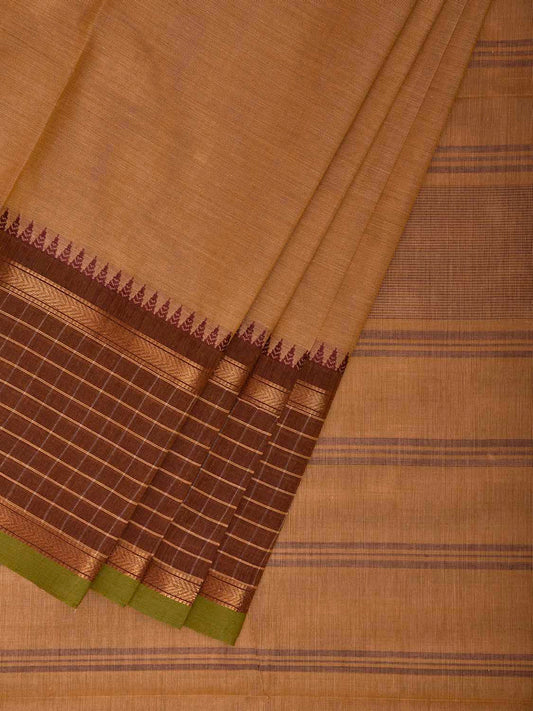 Cream and Fawn Kanchipuram Cotton Plain Saree with Checks Border Design k0921