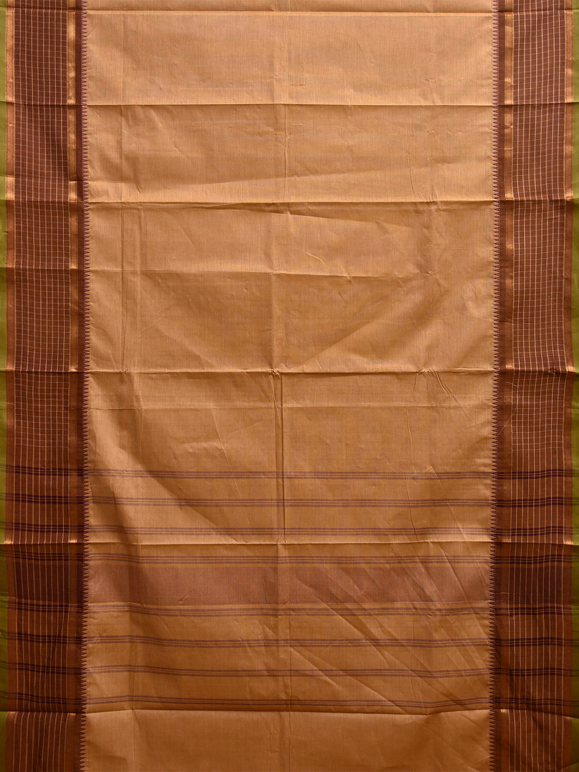 Cream and Fawn Kanchipuram Cotton Plain Saree with Checks Border Design k0921
