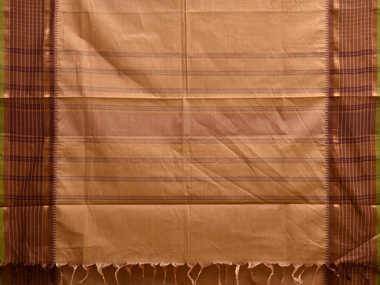 Cream and Fawn Kanchipuram Cotton Plain Saree with Checks Border Design k0921