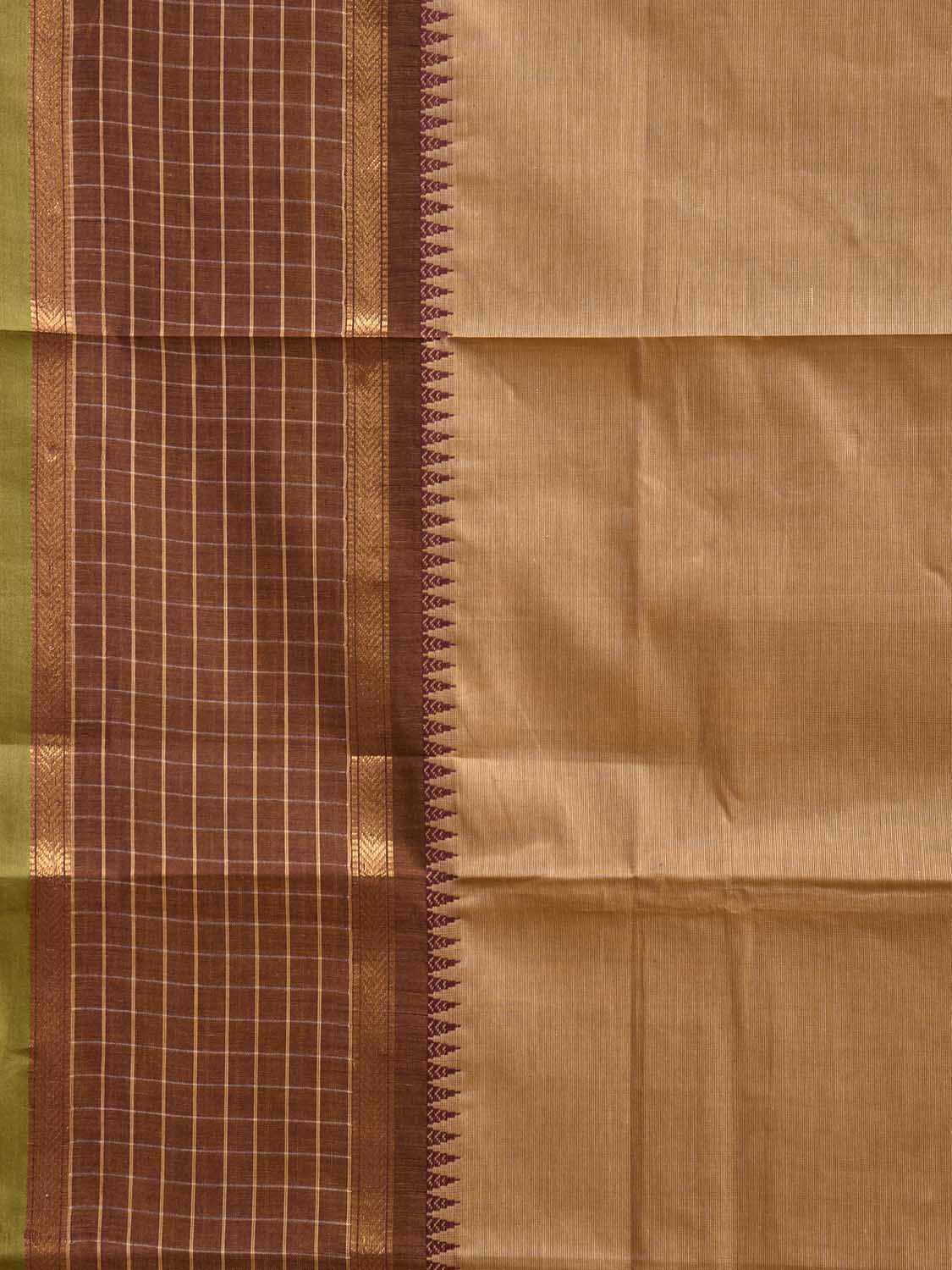 Cream and Fawn Kanchipuram Cotton Plain Saree with Checks Border Design k0921